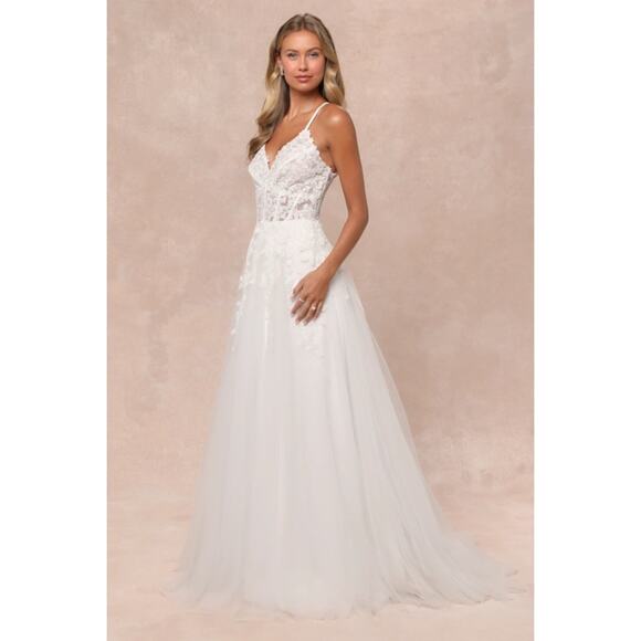 NWT Lulus Glorious Luxury White Sheer Tulle Embroidered Beaded Maxi Dress Sz XL - Picture 1 of 11